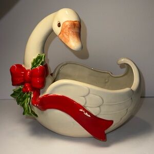 Hand Painted Vintage Fitz and Floyd Christmas Goose Planter, Ceramic Goose Bowl